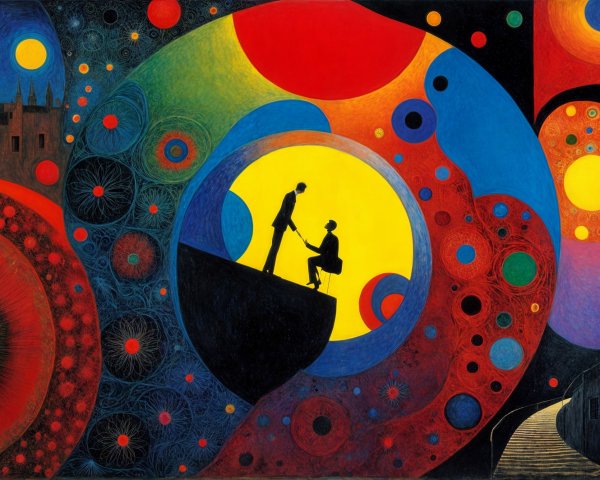 Abstract Artwork with Figures on a Colorful Cliff