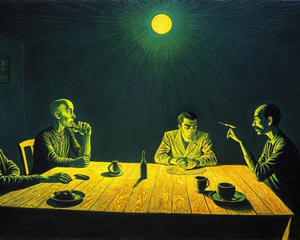 Four Figures in a Dimly Lit Room with Moonlight