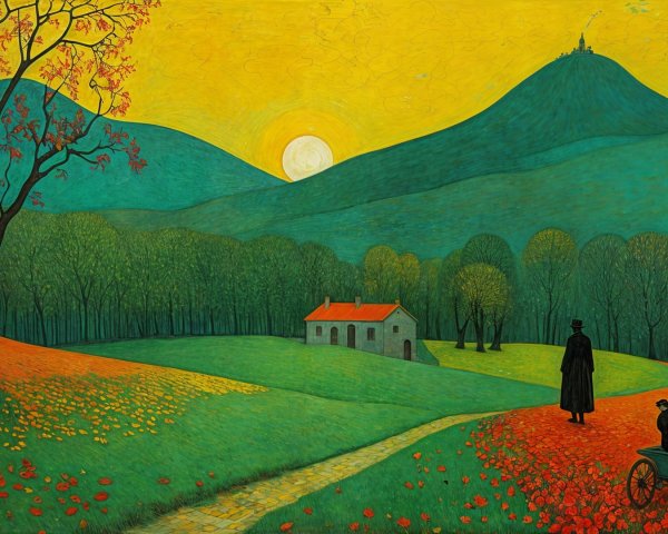 Vibrant Landscape with Hills, Sun, and Autumn Colors