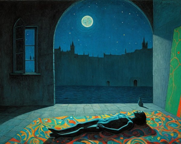 Serene Dimly Lit Room with Moonlit Sky and Cat