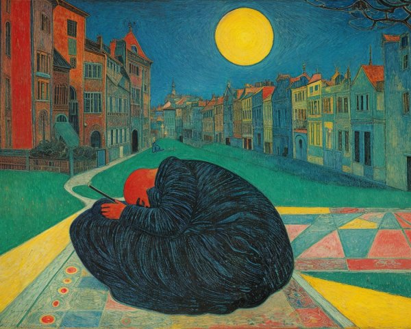 Cloaked Figure on Colorful Path Under Full Moon