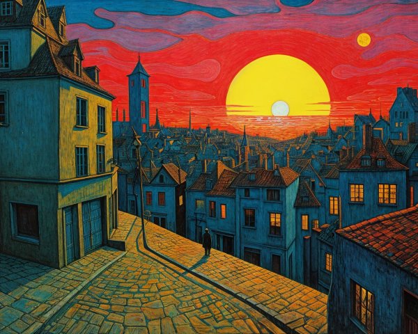 Vibrant cityscape at sunset with golden hues