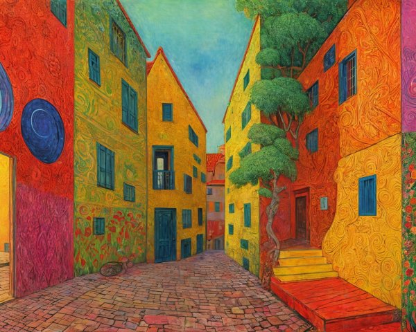 Whimsical Alleyway with Colorful Buildings and Foliage