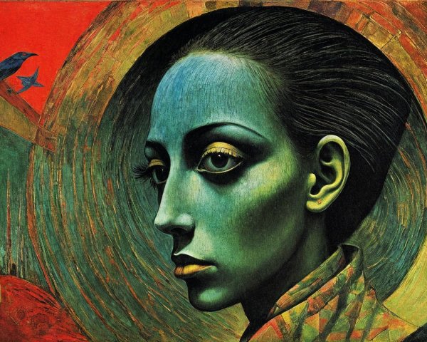 Portrait of a Woman with Blue Skin and Whimsical Bird
