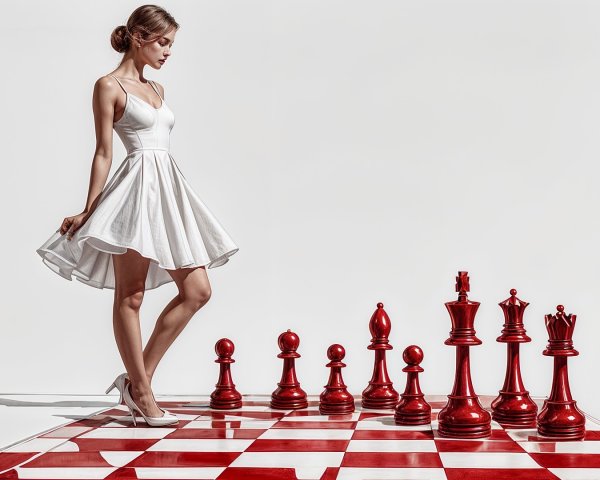 Stylish Woman on Chessboard with Red Pieces