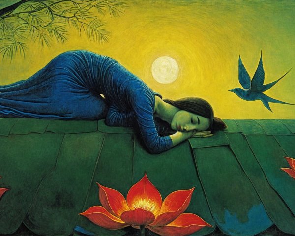 Serene Rooftop Scene with Woman and Lotus Flowers