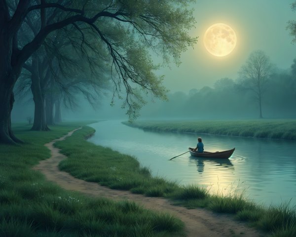 Tranquil River Scene Under Full Moonlight