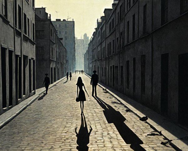 Narrow Cobblestone Street with Tall Gray Buildings