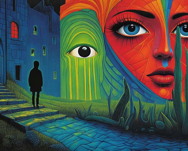 Psychedelic Art of Person Before Blue Castle Landscape