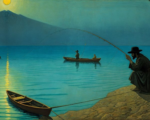 Serene Lakeside Scene at Dusk with Fishermen