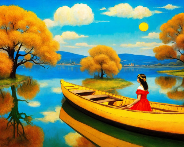 Young girl in red dress on lake in autumn scenery