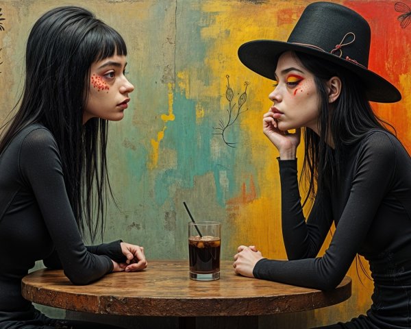 Young Women at Rustic Table with Iced Drink