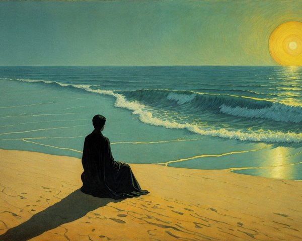 Serene Beach Scene at Sunset with Contemplative Figure