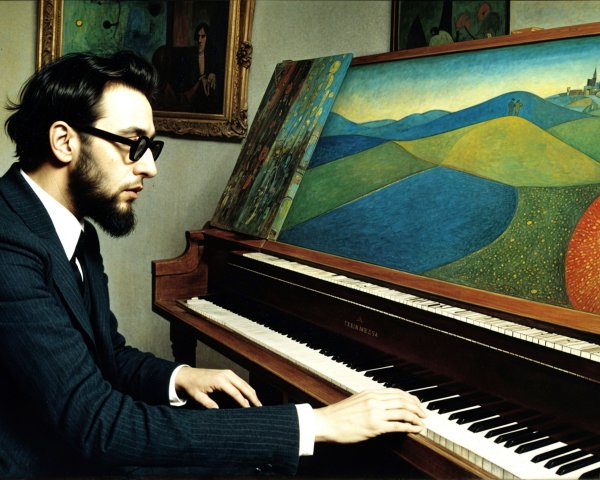 Man Playing Piano with Colorful Artwork Displayed