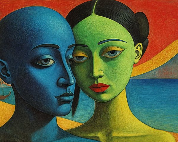 Vibrant Artwork of Two Figures Against Nature Background