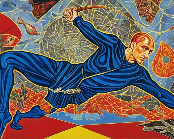 Vibrant Surrealistic Scene with Central Figure and Colors