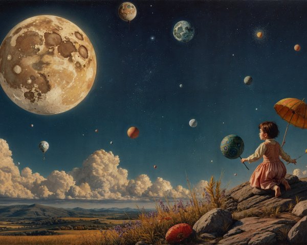 Whimsical Scene of Girl with Umbrella and Full Moon
