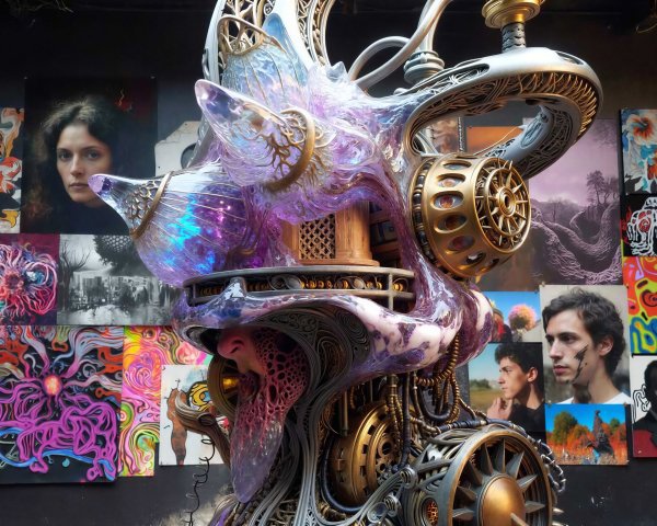 Abstract Sculpture with Purple and Gold Elements