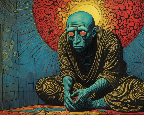 Meditative Figure Surrounded by Vibrant Colors and Symbols