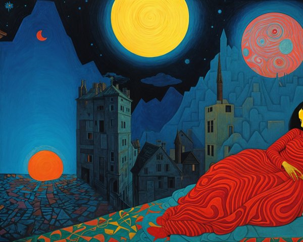 Woman in Red Dress in Surreal Landscape Scene