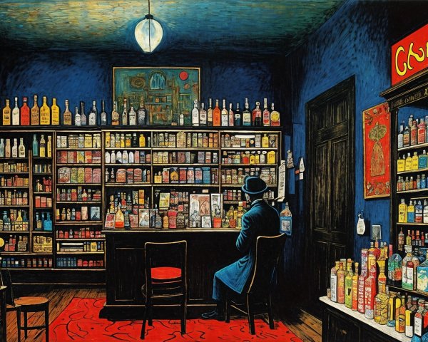 Dimly Lit Vibrant Liquor Store with Colorful Bottles