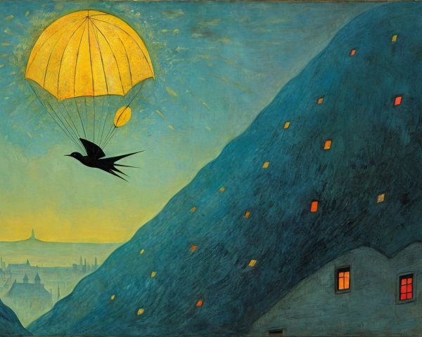 Surreal Landscape with Glowing Parachute and Skyline