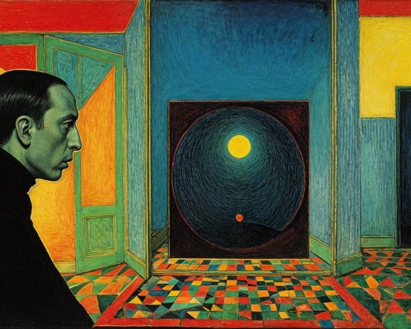 Contemplative Figure Against Abstract Colorful Background