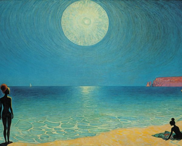 Serene Twilight Seascape with Moonlit Beach Scene