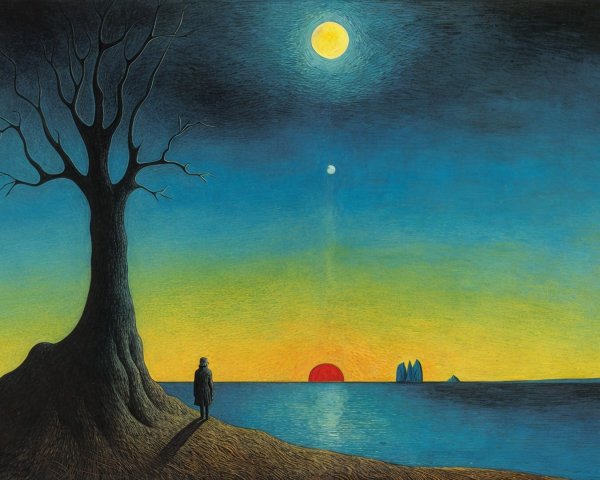 Surreal Twilight Landscape with Celestial Bodies