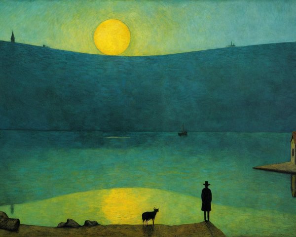 Serene Landscape with Sun, Water, and Silhouetted Figures