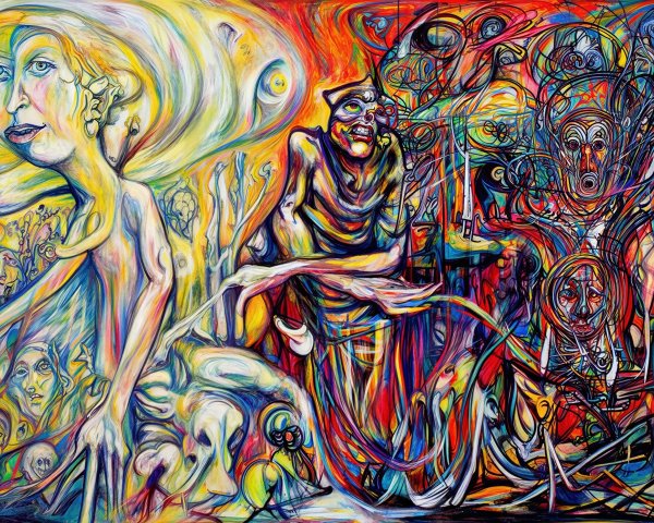 Psychedelic Painting with Elongated Figures and Colors