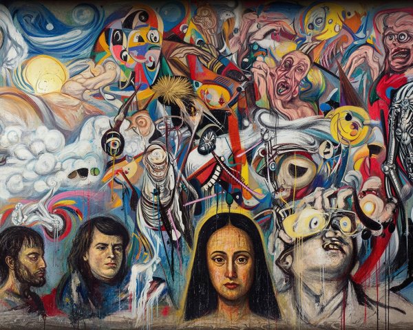 Surreal Mural Featuring Dreamlike Figures and Elements