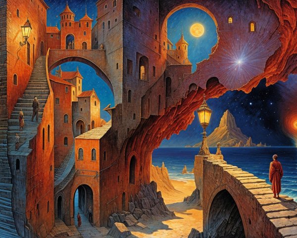 Surreal Cityscape in Rocky Cliffs Under Moons