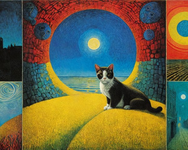 Surreal Artwork of Cat in Vibrant Landscape and Sky