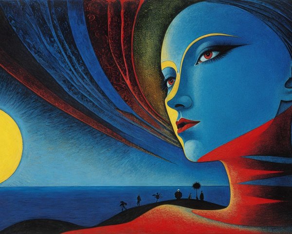 Blue-Skinned Figure with Yellow Sun and Landscape