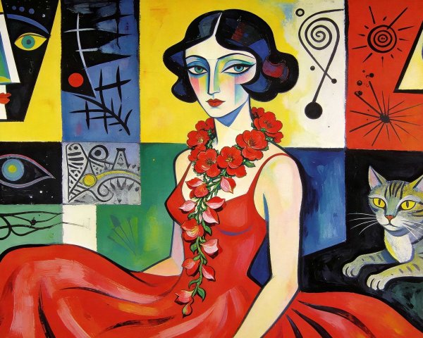 Cubist Oil Painting of Woman in Red Dress and Mosaic Background