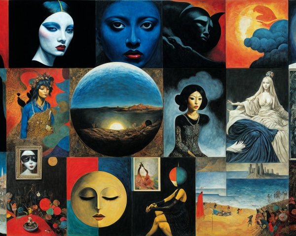 Vibrant Collage of Portraits and Surreal Landscapes