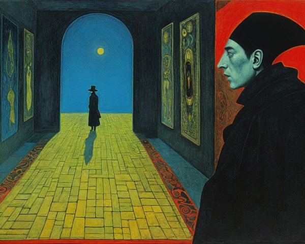 Surreal Corridor with Figures and Abstract Art