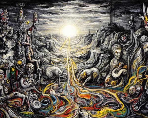 Abstract Pencil Drawing Featuring Surreal Sun and Figures