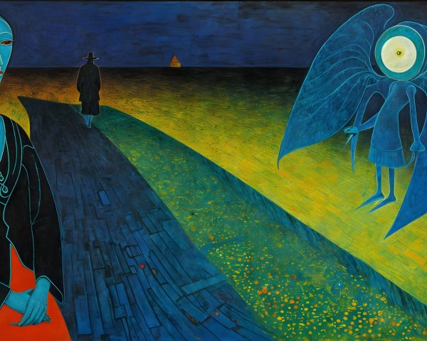 Surreal Landscape with Blue Figure and Ethereal Beings