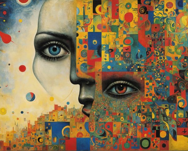 Stylized Faces in Vibrant Abstract Composition