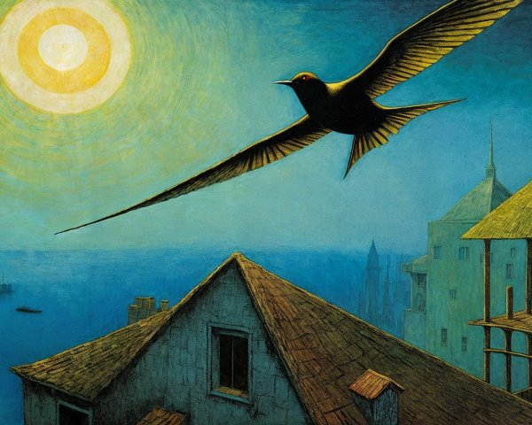 Surreal Landscape with Yellow Sun and Black Bird