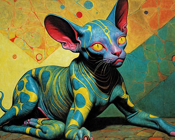 Surreal Art of a Sphynx Cat with Vibrant Patterns