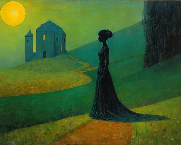 Silhouetted Figure by Moonlit Hilltop House Scene