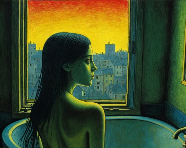 Solitary Figure Gazing Out at Twilight Cityscape