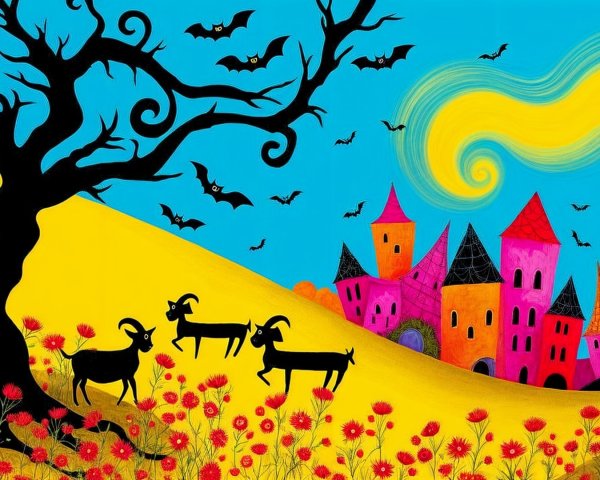 Whimsical Landscape with Colorful Elements and Animals