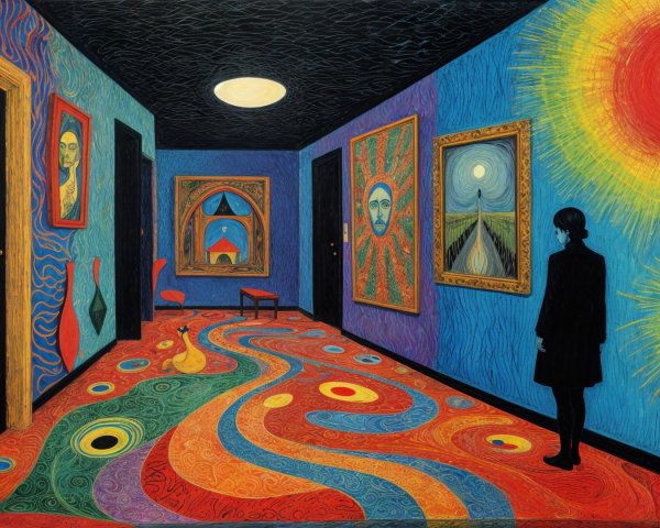 Surreal Hallway with Colorful Walls and Abstract Art