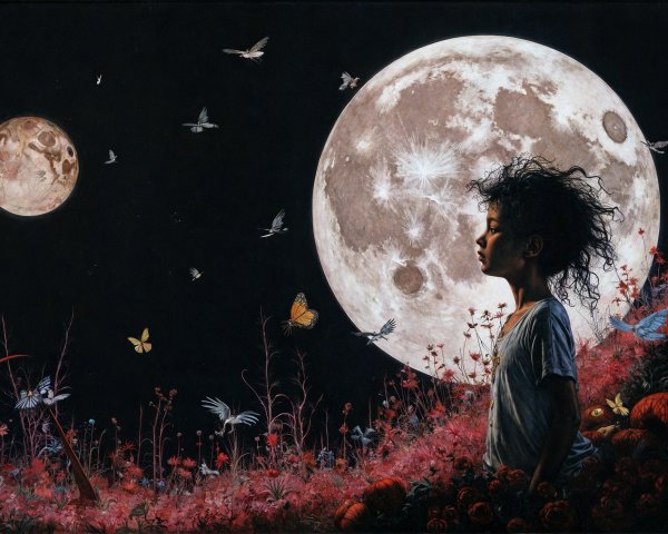 Child in Dreamlike Landscape with Flowers and Moons