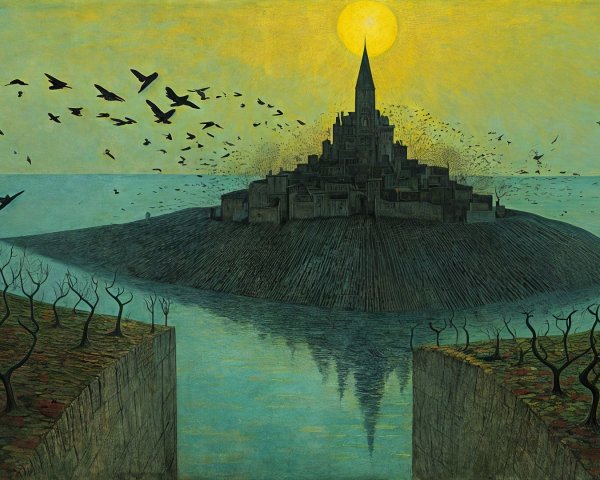 Surreal Landscape with Mystical Island and Spire