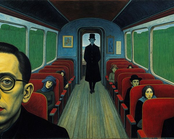 Train Car Interior with Central Figure and Expressions